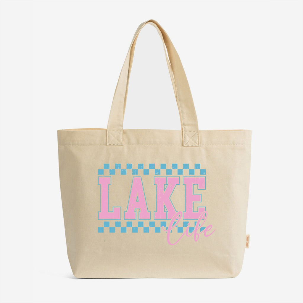 Lake Life Checkered - Zippered Canvas Tote
