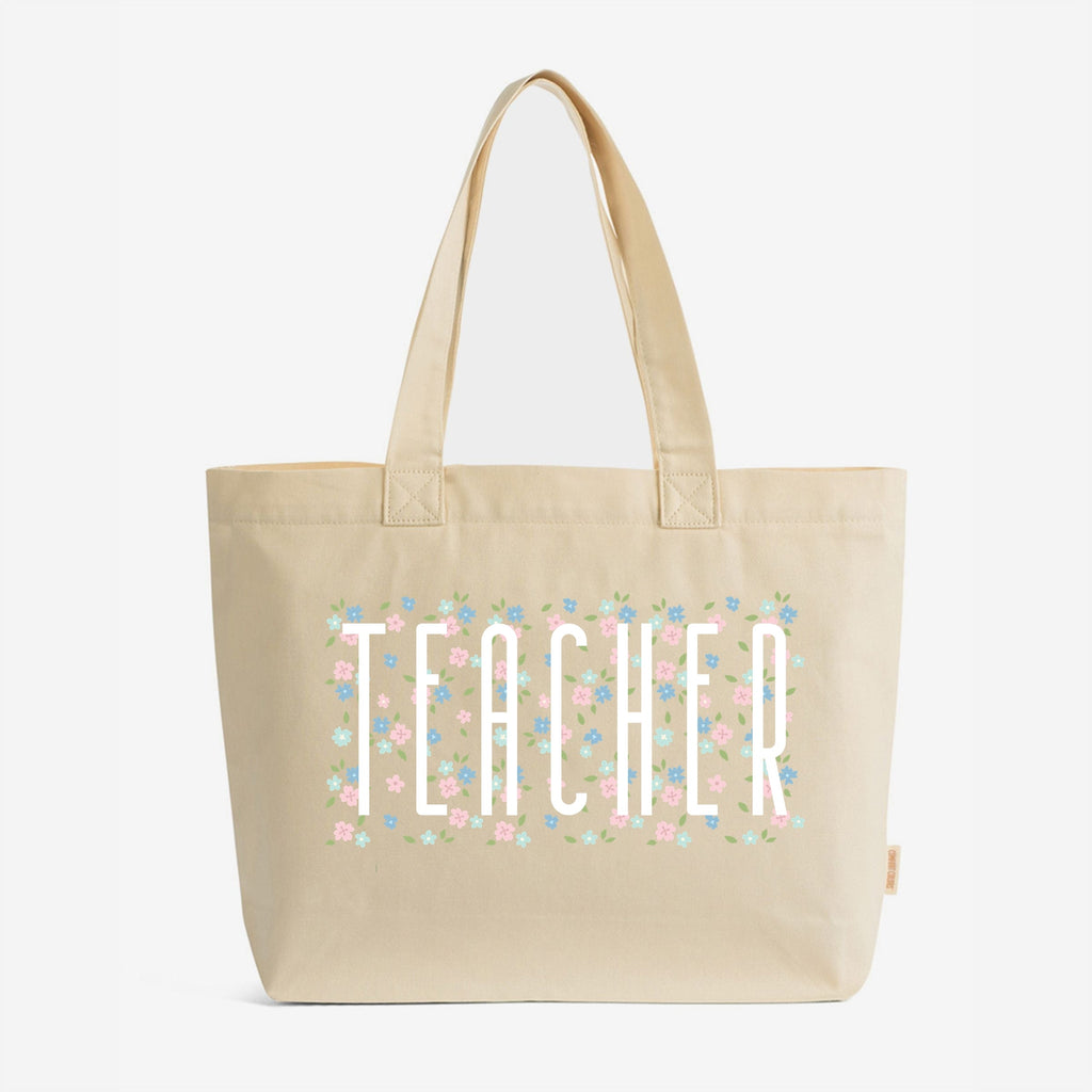 Teacher Tall Floral  - Zippered Canvas Tote