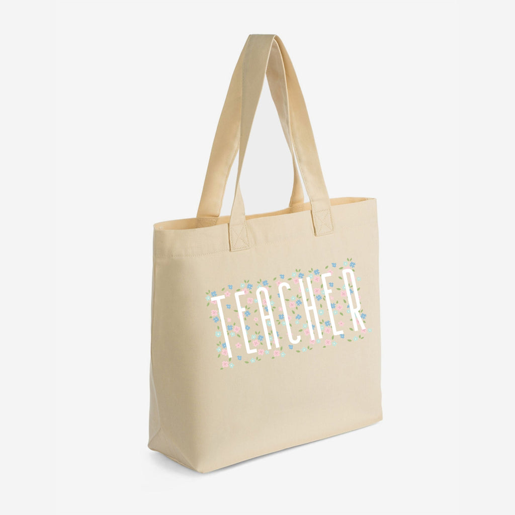 Teacher Tall Floral  - Zippered Canvas Tote