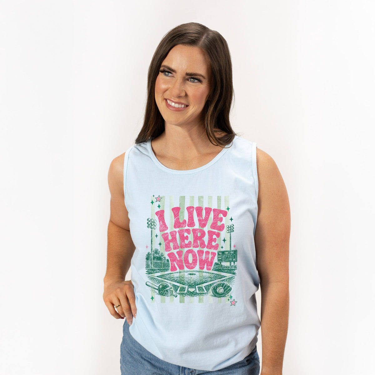 I Live Here Now - Women's Garment Dyed Graphic Tank Top