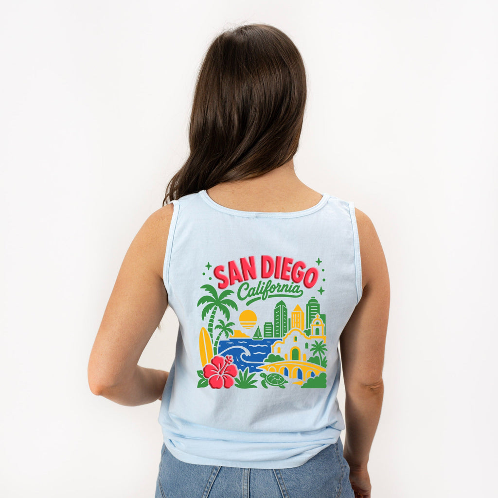 San Diego Vibrant Puff Print - Women's Garment Dyed Graphic Tank Top