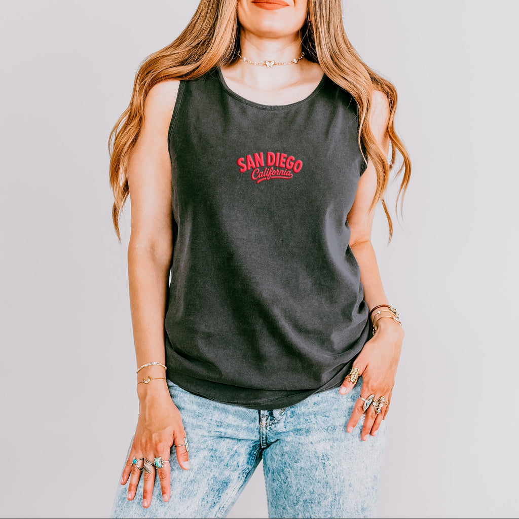 San Diego Vibrant Puff Print - Women's Garment Dyed Graphic Tank Top