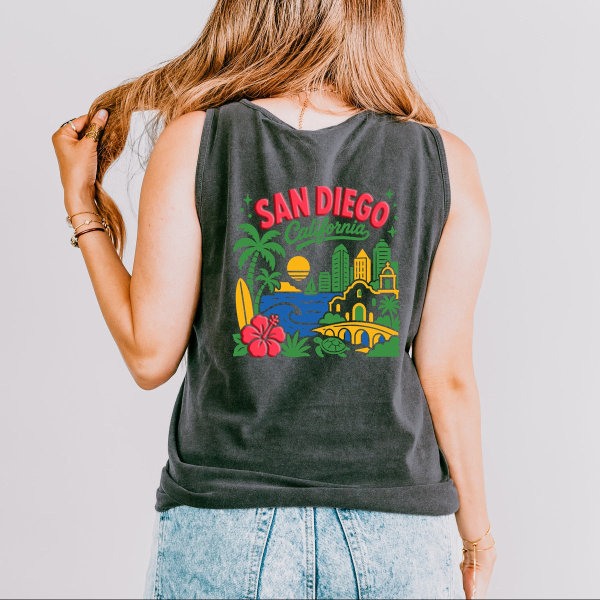 San Diego Vibrant Puff Print - Women's Garment Dyed Graphic Tank Top