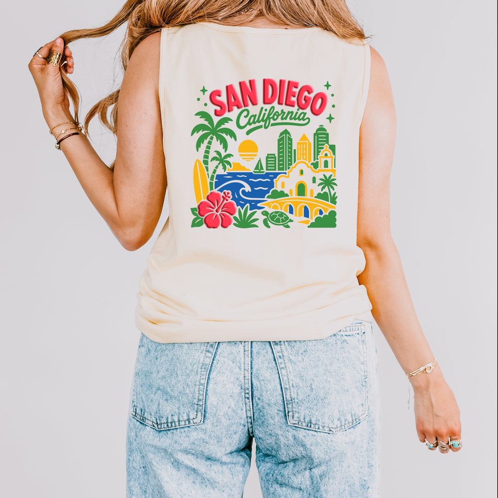 San Diego Vibrant Puff Print - Women's Garment Dyed Graphic Tank Top