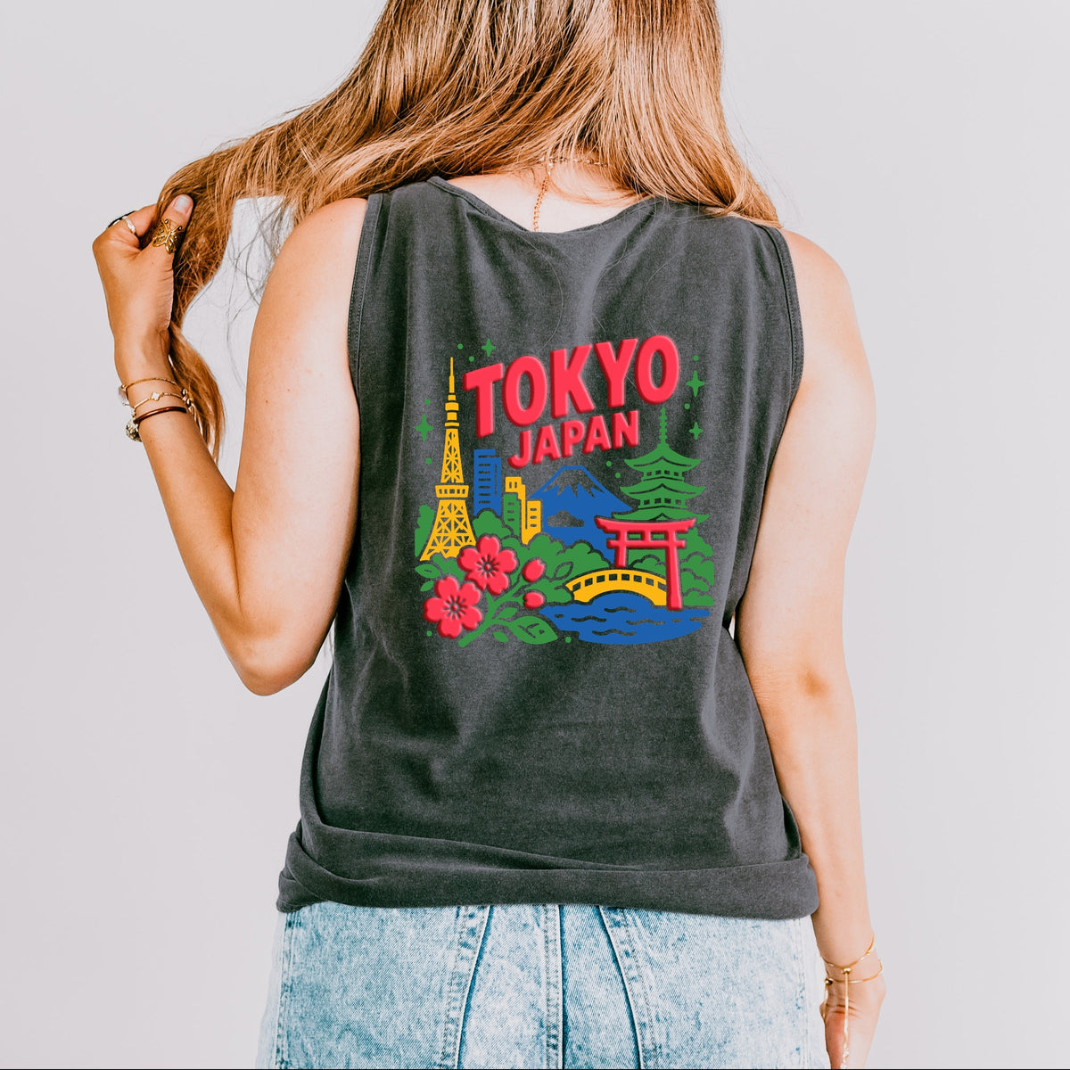 Tokyo Vibrant Puff Print - Women's Garment Dyed Graphic Tank Top