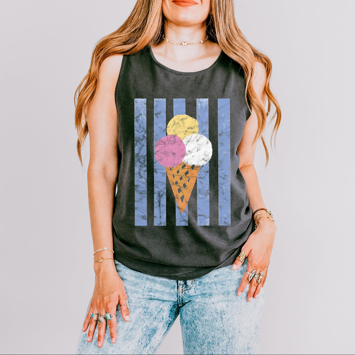 Ice Cream Cone Stripes - Women's Garment Dyed Graphic Tank Top