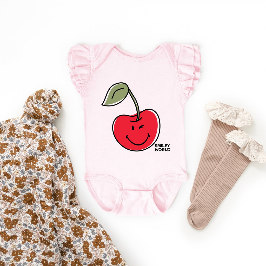 SmileyWorld Winky Cherry - Infant Girl's Flutter Sleeve Bodysuit