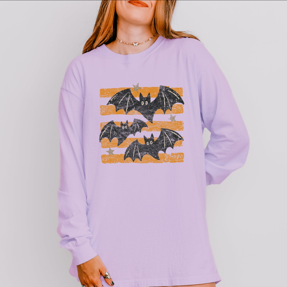 Bats Orange Stripes - Women's Garment Dyed Long Sleeve product image 4