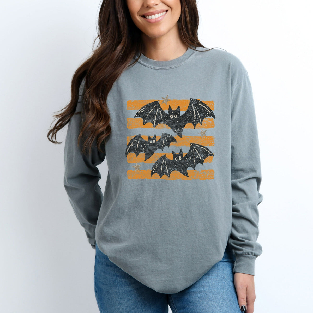 Bats Orange Stripes - Women's Garment Dyed Long Sleeve product image 1