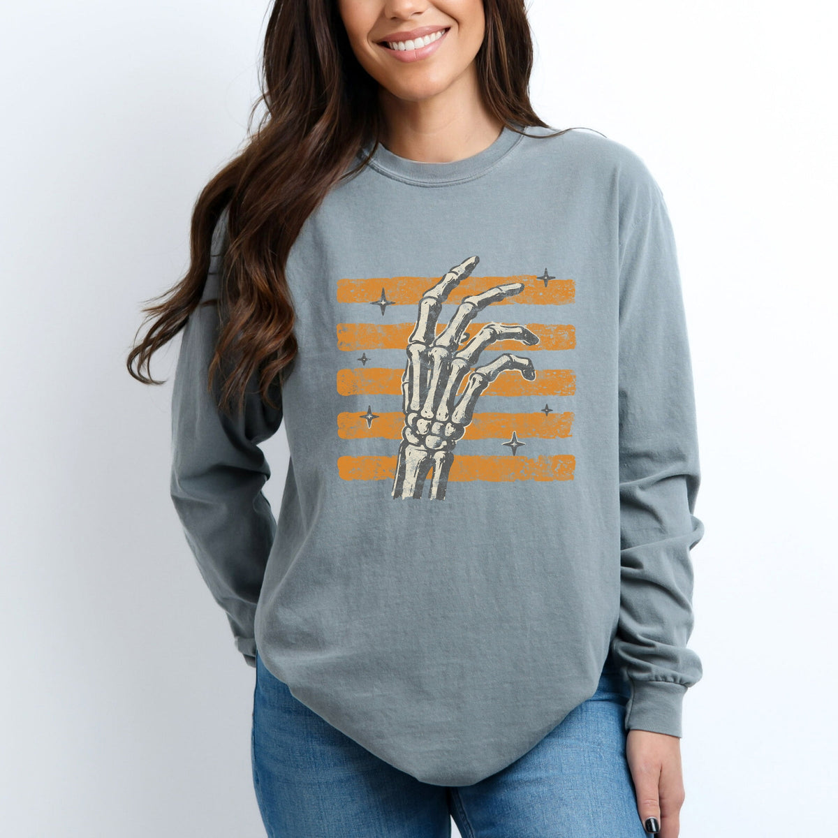 Skeleton Hand Orange Stripes - Women's Garment Dyed Long product image 1