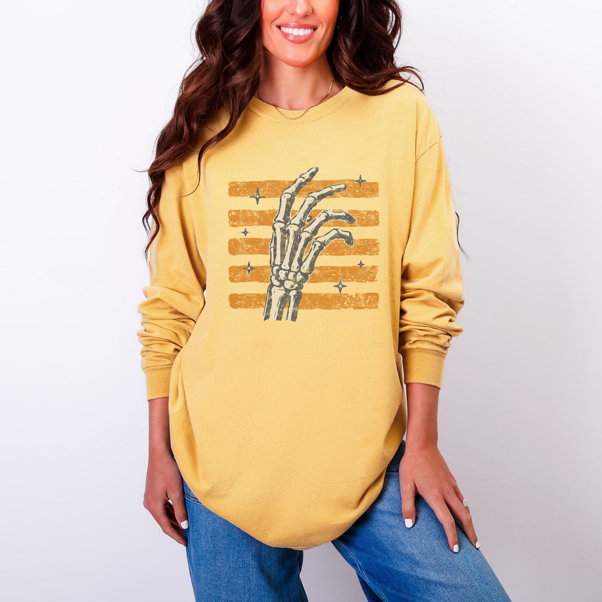Skeleton Hand Orange Stripes - Women's Garment Dyed Long product image 4
