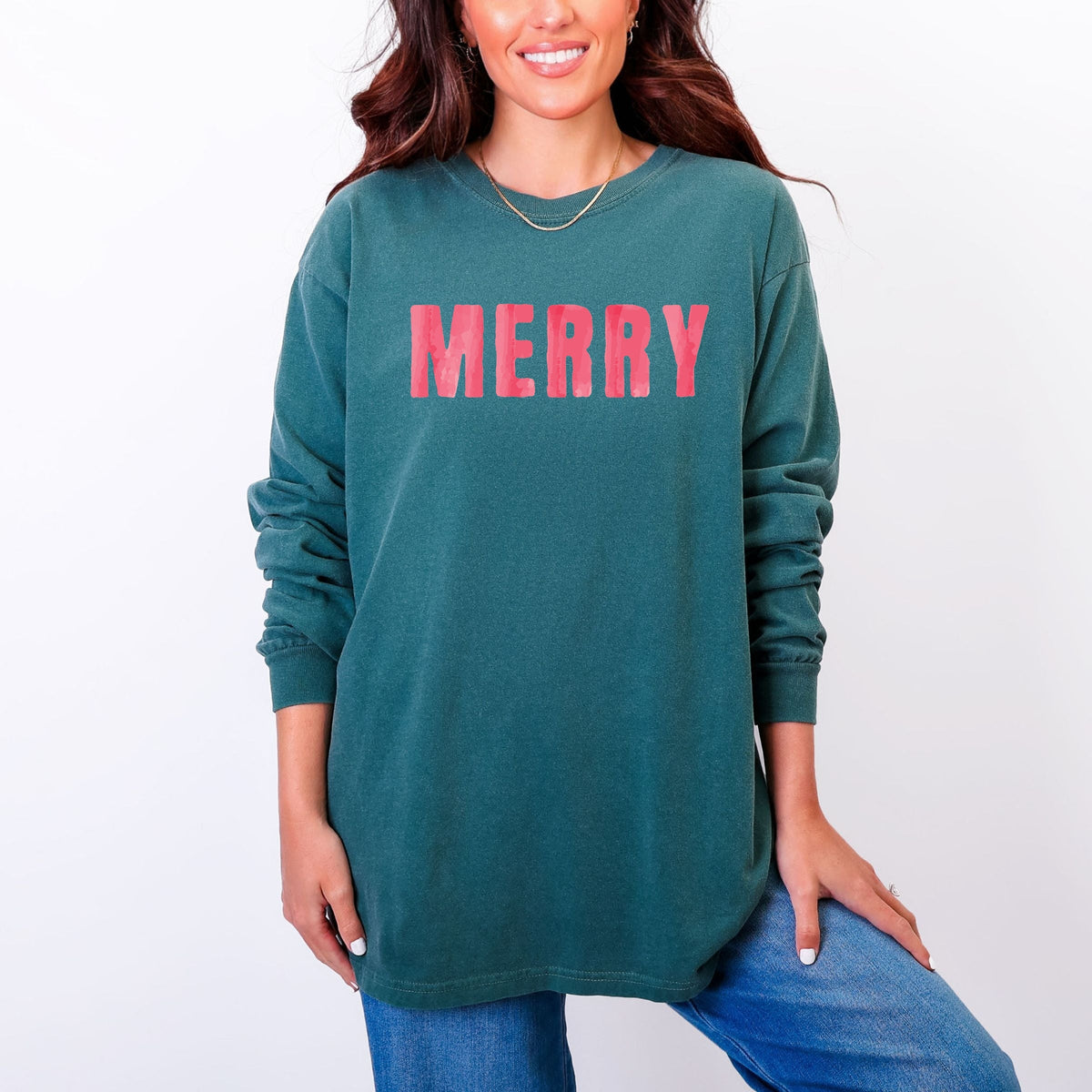 Merry Watercolor - Women's Garment Dyed Long Sleeve Graphic product image 1