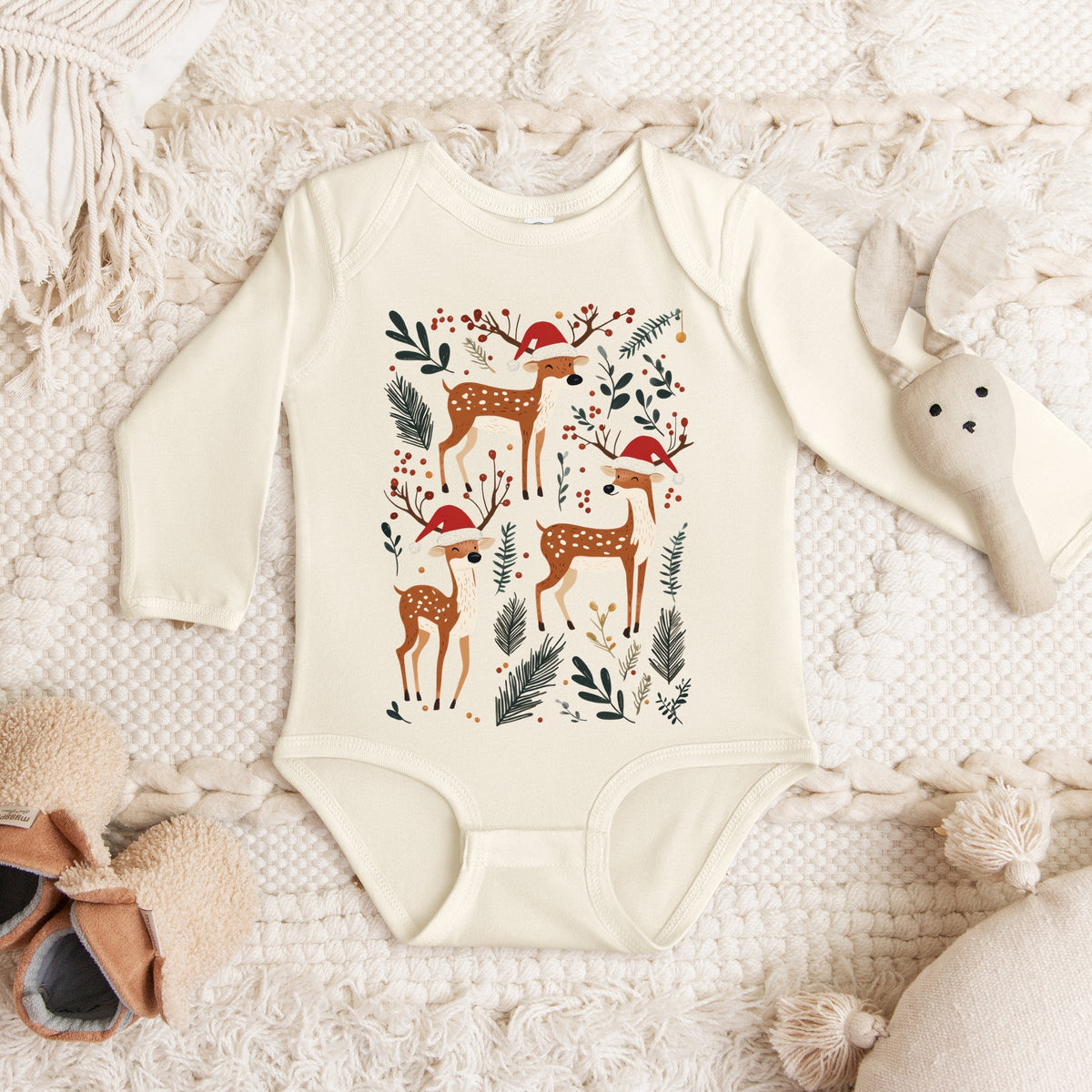 Christmas Deer and Foliage - Infant Long Sleeve Bodysuit