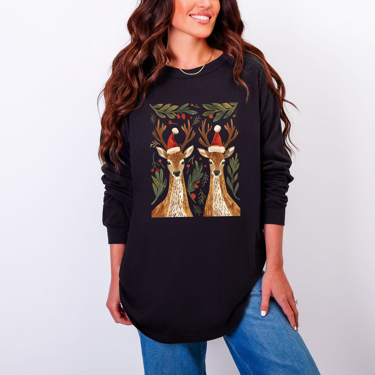 Christmas Deer Pair - Women's Garment Dyed Long Sleeve product image 1