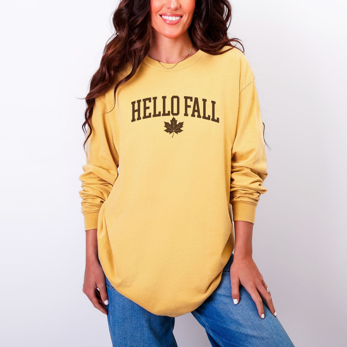 Hello Fall Leaf - Women's Garment Dyed Long Sleeve Graphic product image 1