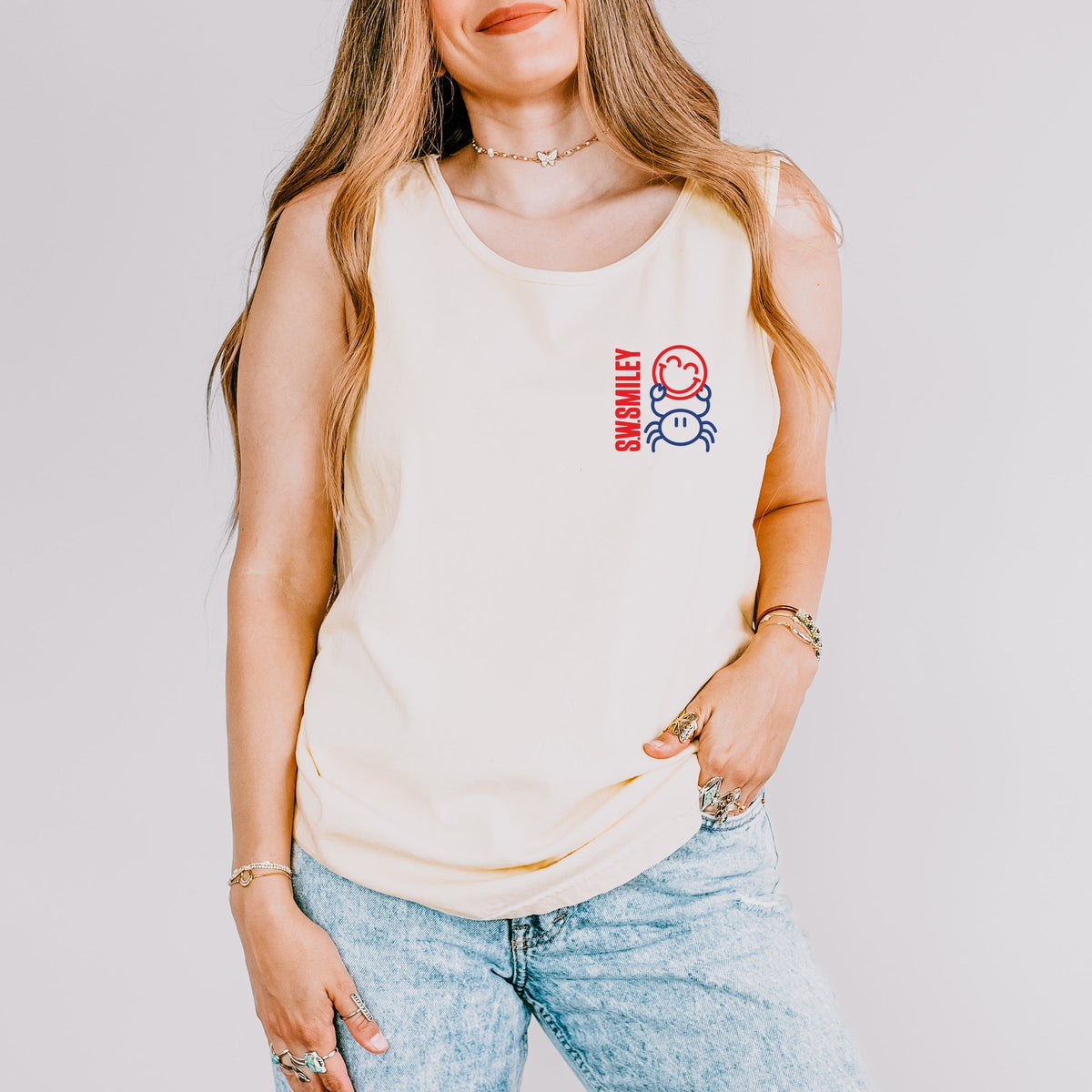 S.W.Smiley Crab Smiley - Women's Garment Dyed Graphic Tank Top
