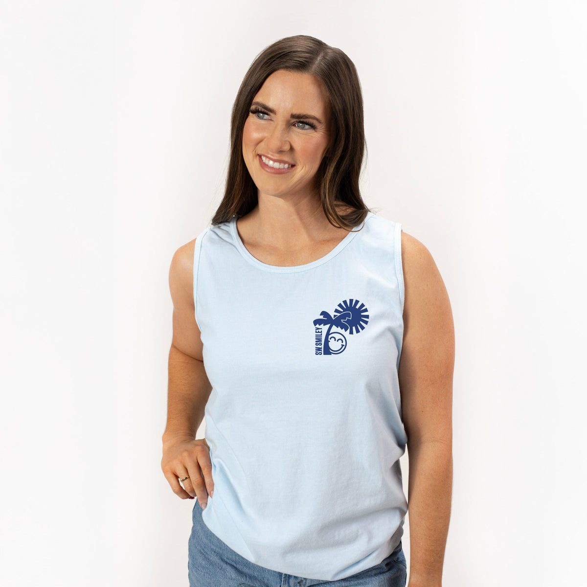 S.W.Smiley Palm Tree Sun - Women's Garment Dyed Graphic Tank Top