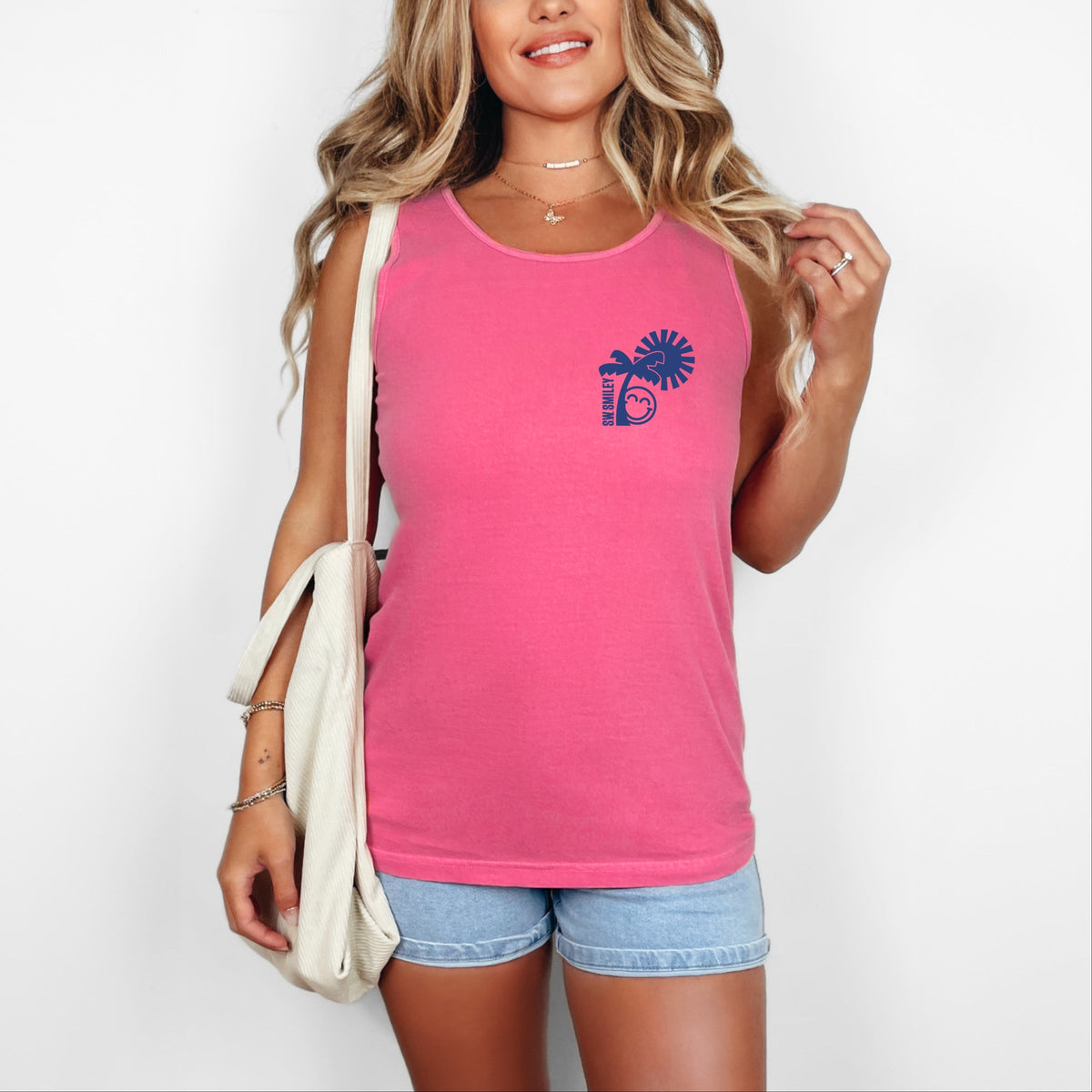 S.W.Smiley Palm Tree Sun - Women's Garment Dyed Graphic Tank Top