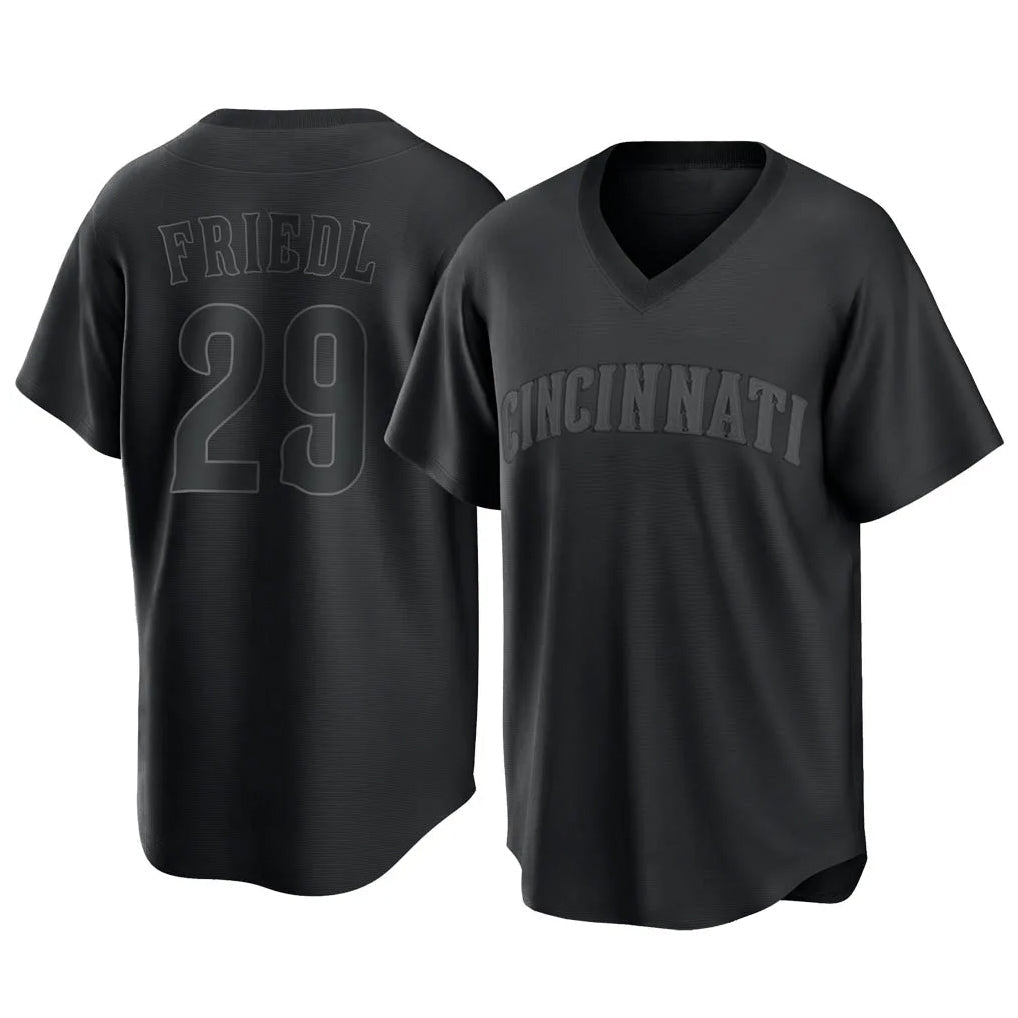 Vanessashop C.Reds #29 TJ Friedl Player Black T-shirt Game Home Stitched Jerseys