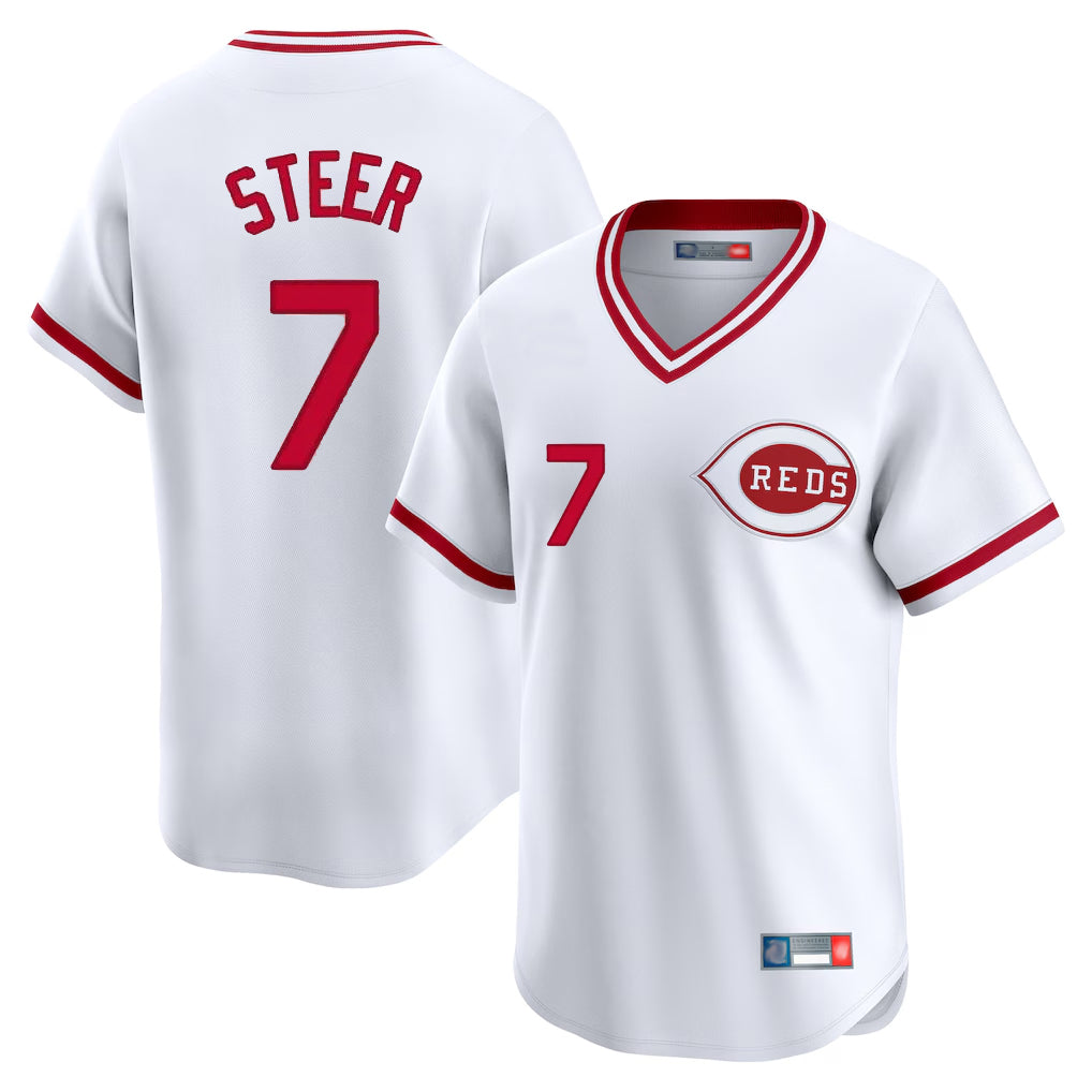 Vanessashop C.Reds #7 Spencer Steer Player White Cooperstown Collection Limited T-shirt Home Stitched Jerseys