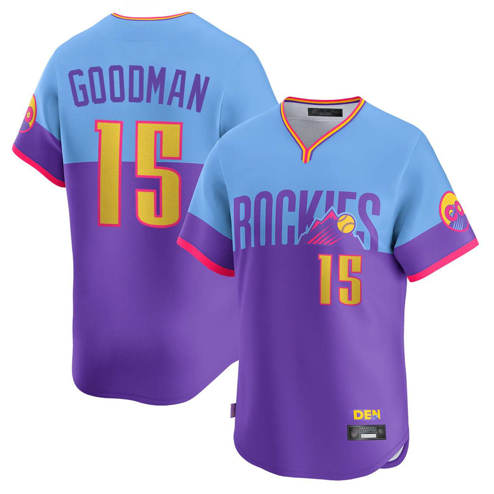 Vanessashop C.Rockies #15 Hunter Goodman Player Purple-Light Blue City Connect Limited Home T-shirt Stitched Jerseys