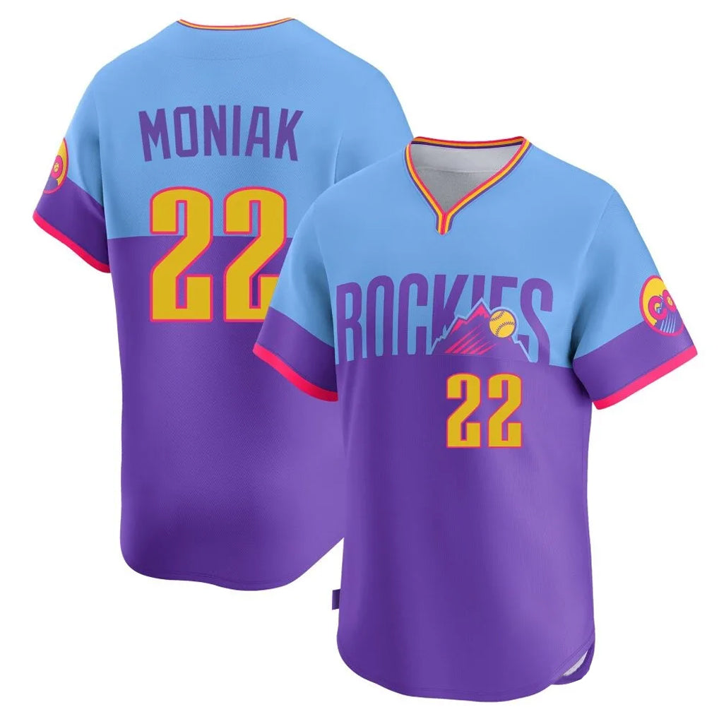 Vanessashop C.Rockies #22 Mickey Moniak Player Purple-Light Blue City Connect Limited Home T-shirt Stitched Jerseys