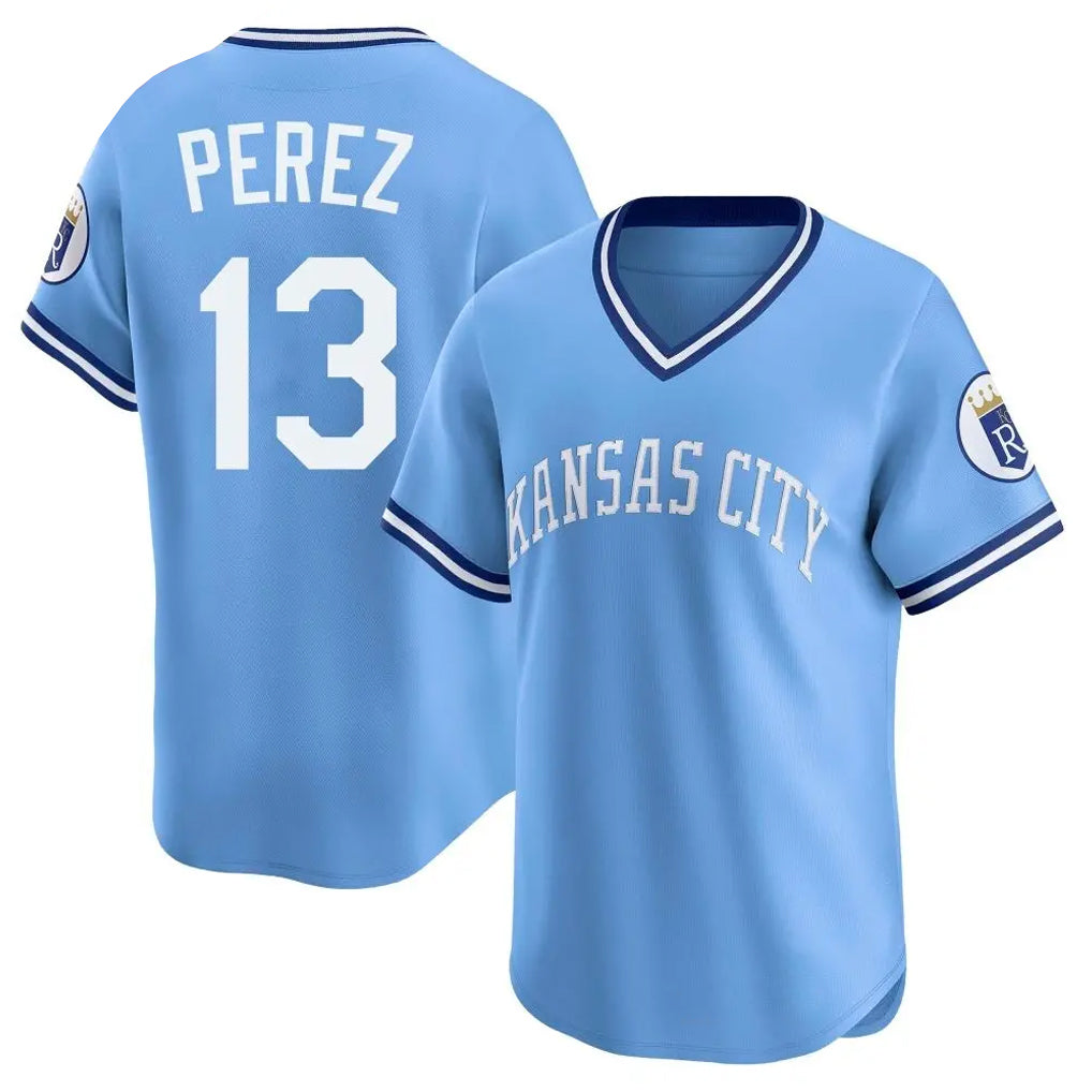 Vanessashop KC.Royals #13 Salvador Perez Player Light Blue Limited Throwback Cooperstown Collection T-shirt Stitched Jerseys