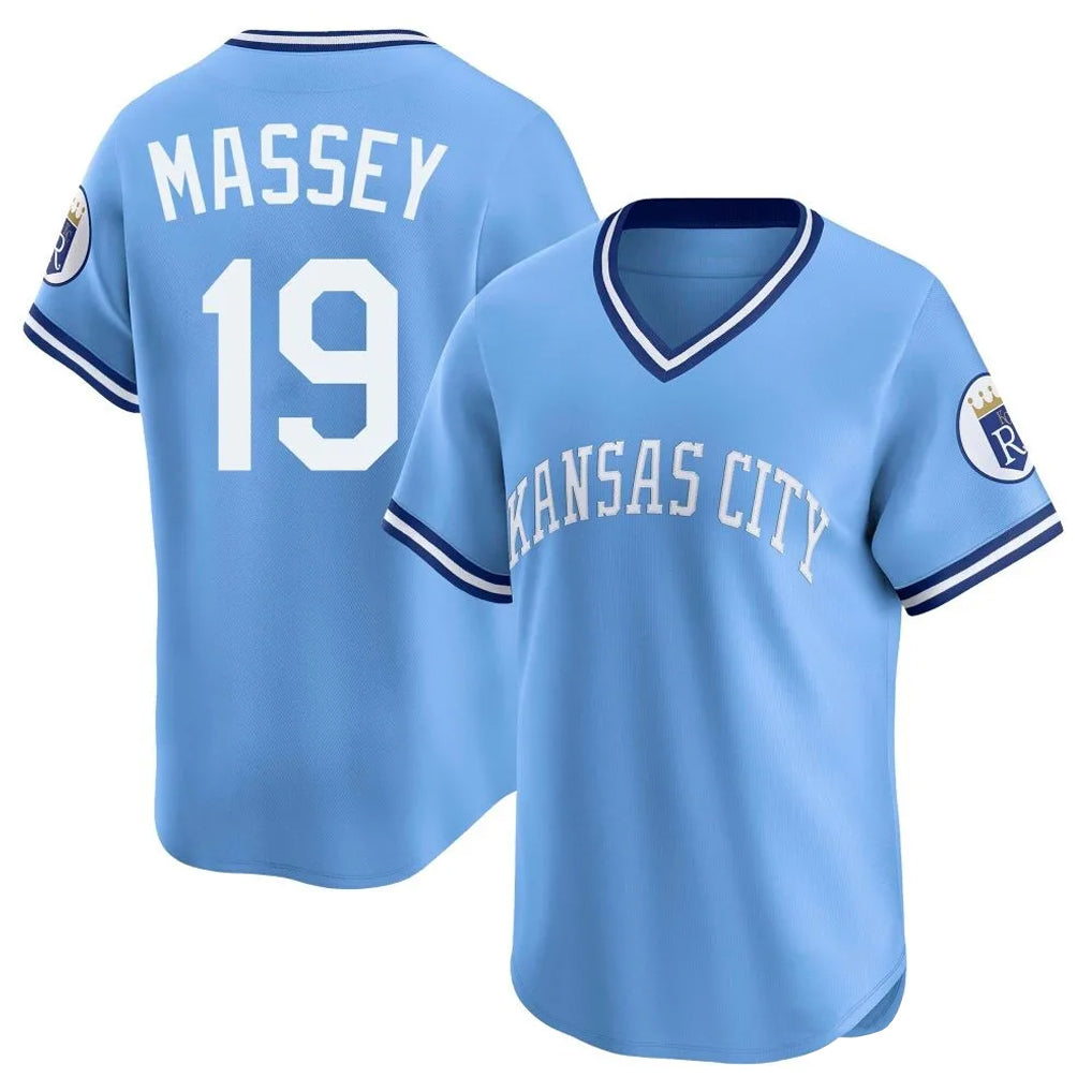 Vanessashop KC.Royals #19 Michael Massey Player Light Blue Limited Throwback Cooperstown Collection T-shirt Stitched Jerseys