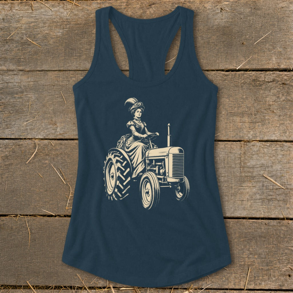 Victorian Lady on a Tractor Racerback Tank
